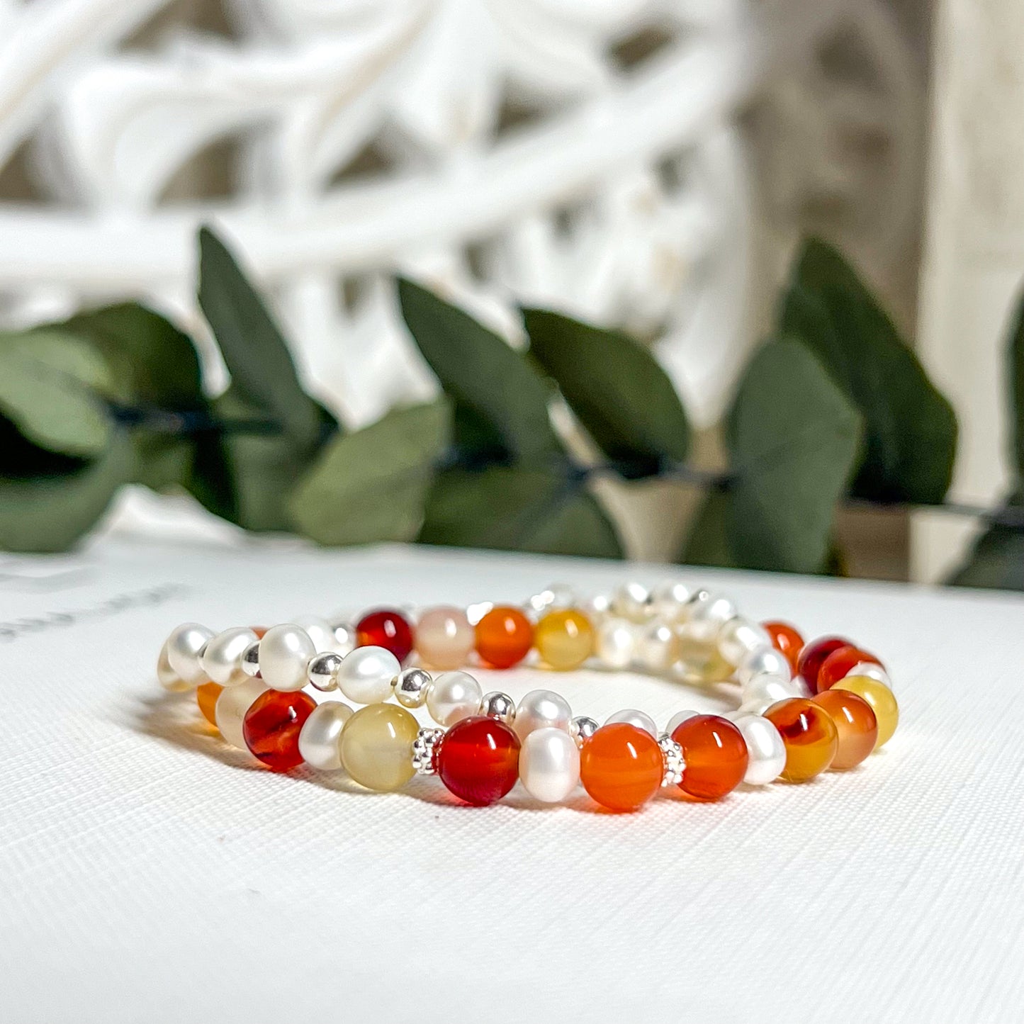 Carnelian and Fresh Water Pearl Handmade Stretch Bracelet - Gold Or Silver