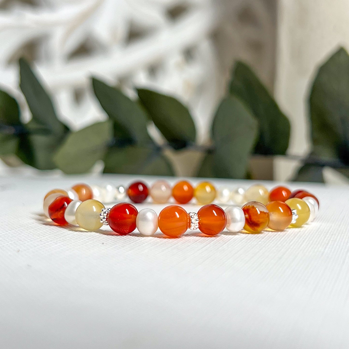 Carnelian and Fresh Water Pearl Handmade Stretch Bracelet - Gold Or Silver