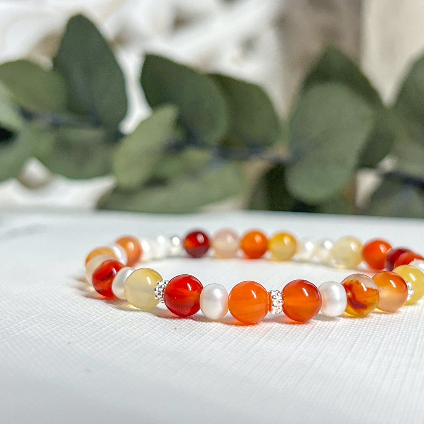 Carnelian and Fresh Water Pearl Handmade Stretch Bracelet - Gold Or Silver