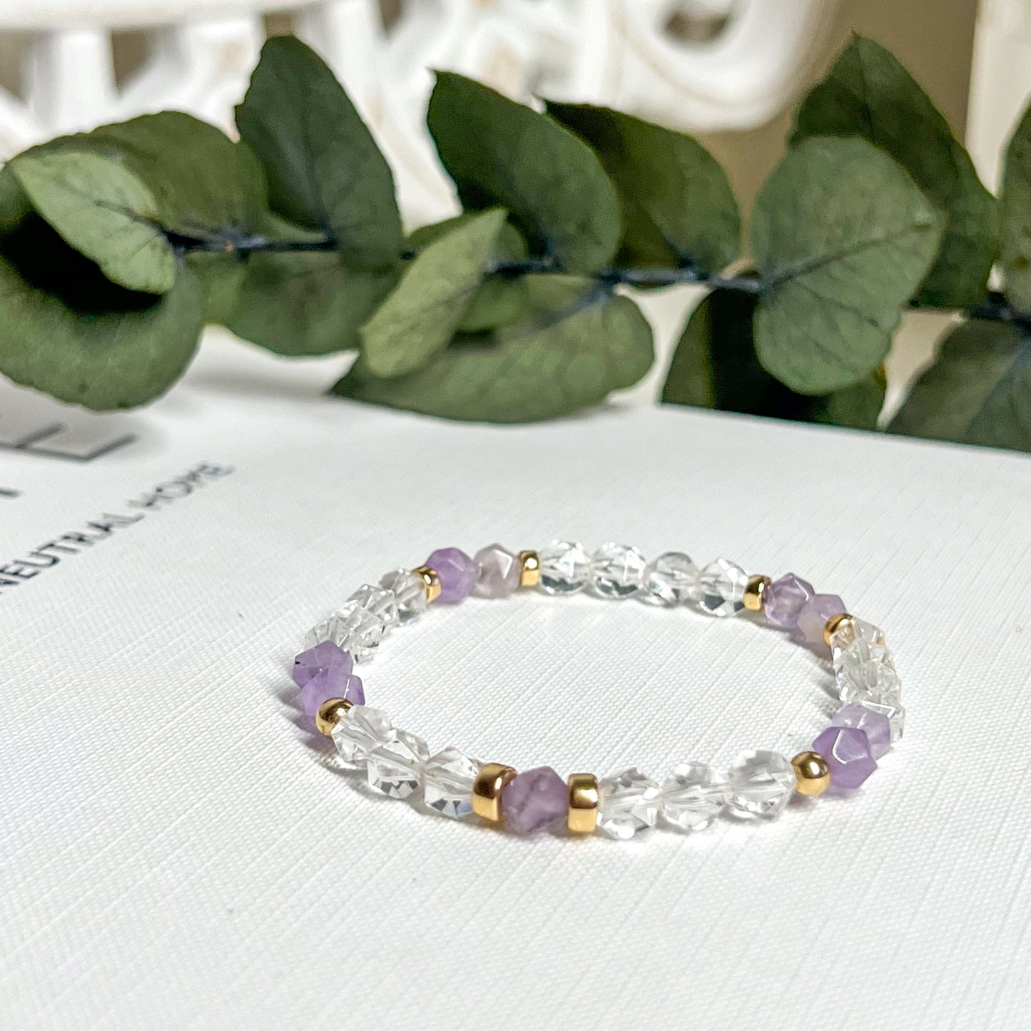 6mm Gold Filled Light Amethyst & Clear Quartz Stretch Bracelet - Size Medium 17.5cm